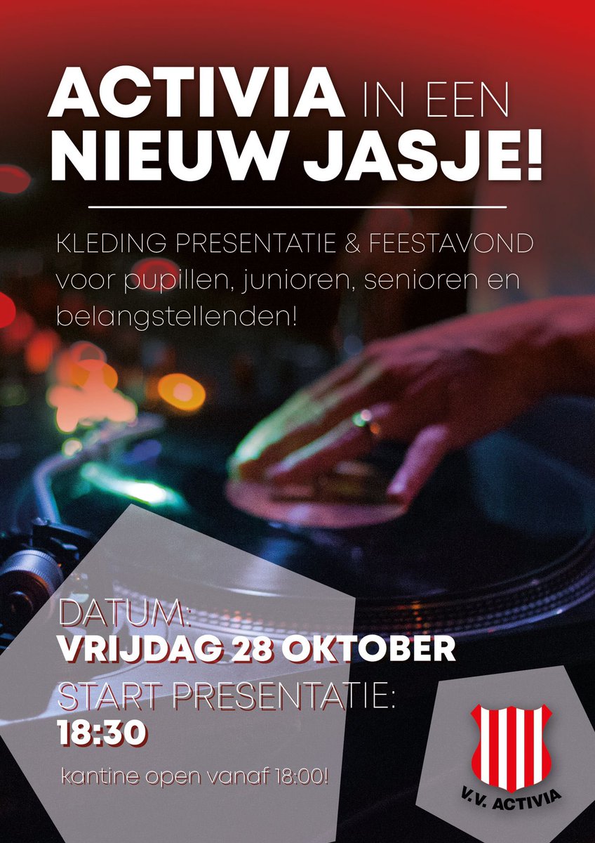 vvactivia's tweet photo. Tijd voor iets nieuws! Tijd voor een feestje! 
"ACTIVIA in een nieuw jasje"

Op deze avond word de nieuwe kledinglijn van al onze elftallen en pupillen gepresenteerd op de catwalk!
Met aansluitend een klapper van een feestavond! 

Zet deze datum met dikke letters in je agenda! https://t.co/6bwIKIoLio