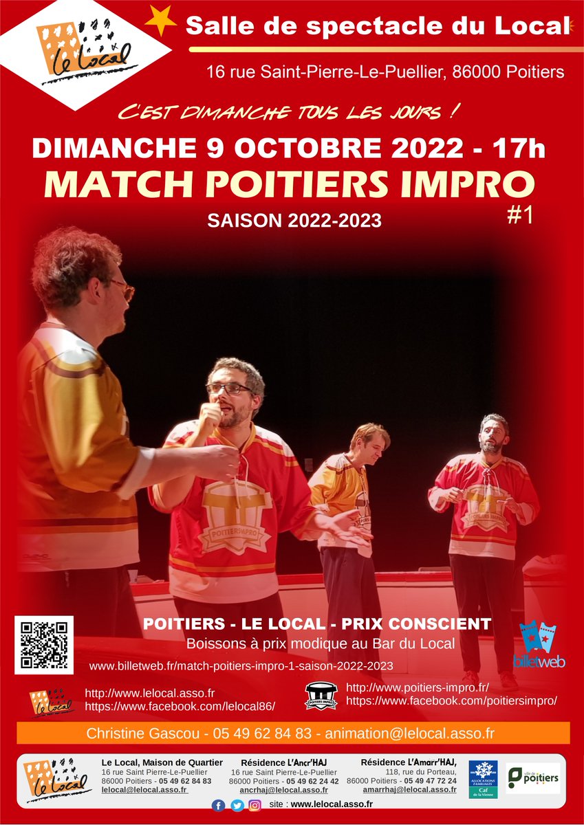 𝙈𝙖𝙩𝙘𝙝 𝙙'𝙞𝙢𝙥𝙧𝙤 𝙩𝙝𝙚́𝙖̂𝙩𝙧𝙖𝙡𝙚 🎭 Nouvelle saison ! Premier match ce dimanche 9 octobre par Poitiers Impro à 17h !
Ne ratez pas l'ouverture du tournoi 2022/2023 en réservant votre place 👉 billetweb.fr/match-poitiers…...
Tarif à prix conscient