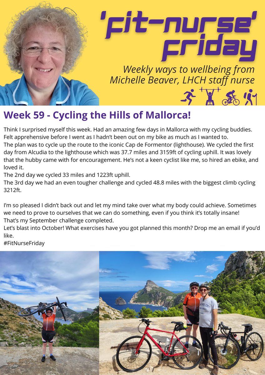 michbv's tweet photo. My weekly fitness blog! 
Keep on Cycling!😁
@LHCHFT @CMResilienceHub  
#fitnursefriday #circuits #HIIT #walking #cycling #running #gym #nurselife #nurse #FitnessMotivation #12monthsofchallenges #blog #podcast #colleagues #thisgirlcan #fitness #mallorca #Septemberchallenge https://t.co/BrLZxlKFM6