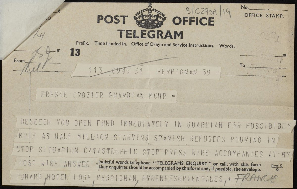 TheJohnRylands's tweet photo. The last #ArchiveBox with @ARAScot this week is number 19.
Our GDN/B/C290a/19 is this poignant telegram from Nancy Cunard to W.P. Crozier, 31 Jan. 1939, related to the humanitarian crisis facing Spanish refugees in Southern France. For more information: https://t.co/aOZMhcmFqZ https://t.co/LLZsNsGsOJ