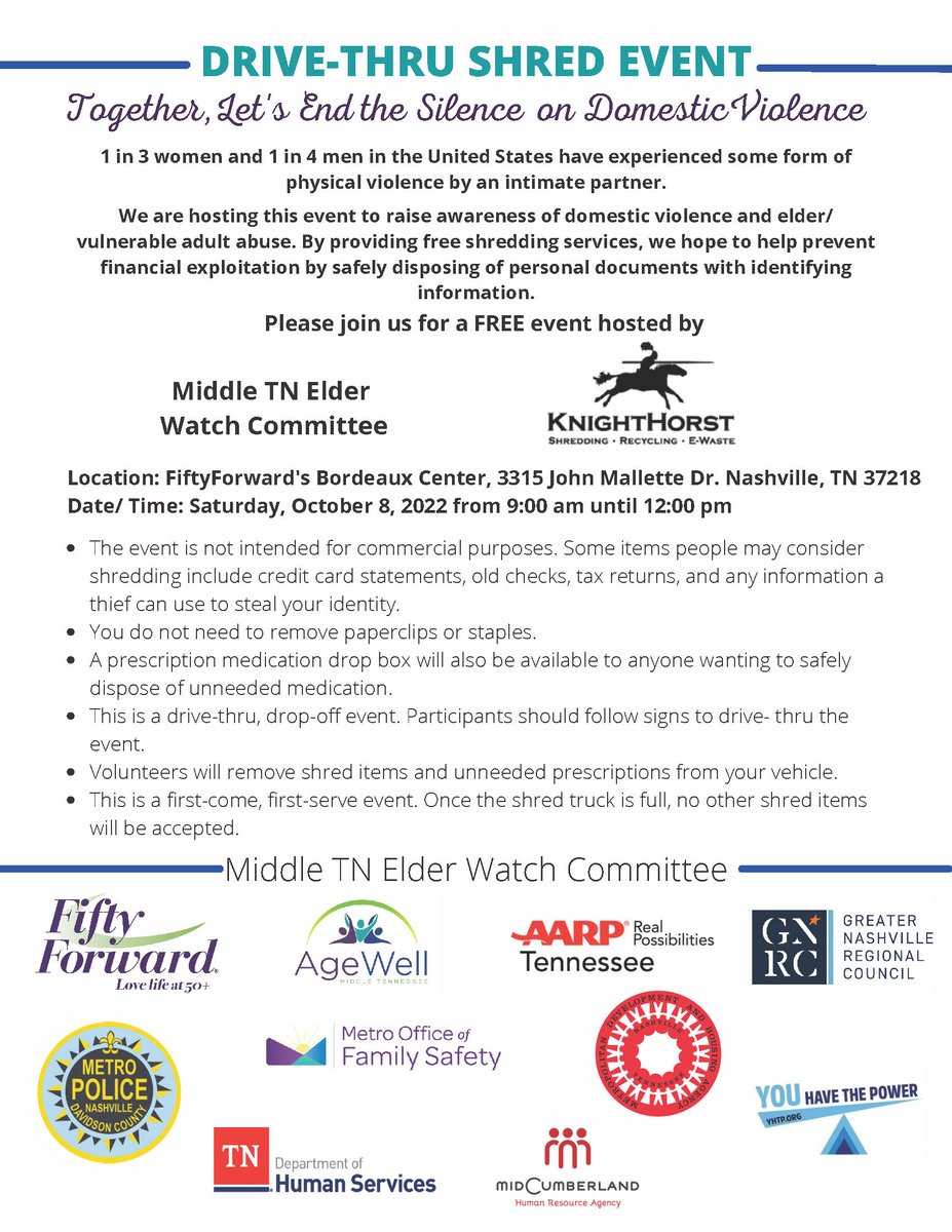 TheGNRC's tweet photo. Free Drive-thru Shred Event - Stop by FiftyForward-Bordeaux this Saturday 10/8 to drop off unneeded prescriptions and personal documents for shredding.
#PreventIdentityTheft #ProtectYourLovedOnes #PreventElderAbuse https://t.co/ub7DfY45dX