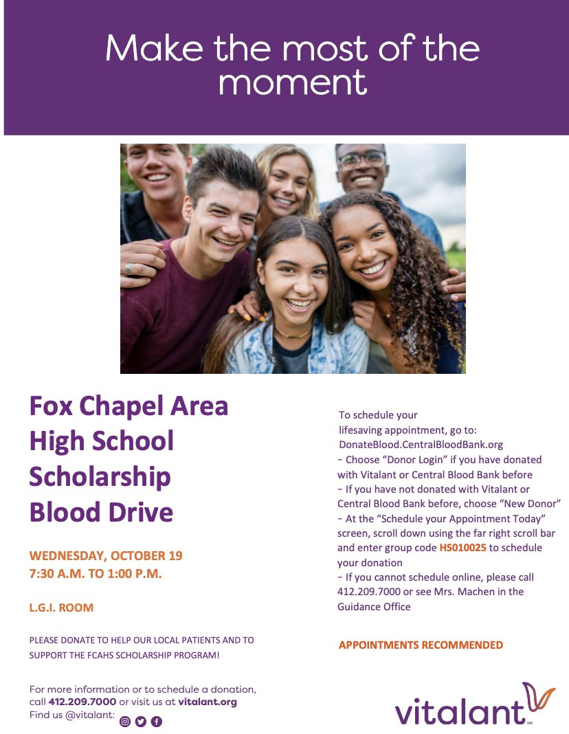 Fox Chapel Area HS Community Outreach (@fc_outreach) on Twitter photo Appointment times for our fall blood drive are filling up fast! Help save 3 lives with your <a href="/VitalantPAOH/">Vitalant - Pennsylvania, Ohio & West Virginia</a> donation! Sign up in the cafeteria or see Mrs. Machen in the School Counseling Office! Appointment times for our fall blood drive are filling up fast! Help save 3 lives with your <a href="/VitalantPAOH/">Vitalant - Pennsylvania, Ohio & West Virginia</a> donation! Sign up in the cafeteria or see Mrs. Machen in the School Counseling Office!