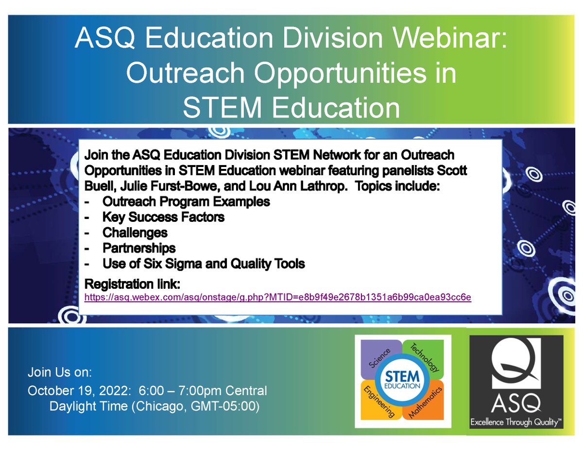 cpveenstra's tweet photo. Join the ASQ Education Division for an exciting webinar on STEM outreach on October 19
  Outreach Opportunities In STEM Education
Registration Link:
https://t.co/7jvmpeQY9b https://t.co/AAlTa91GPE