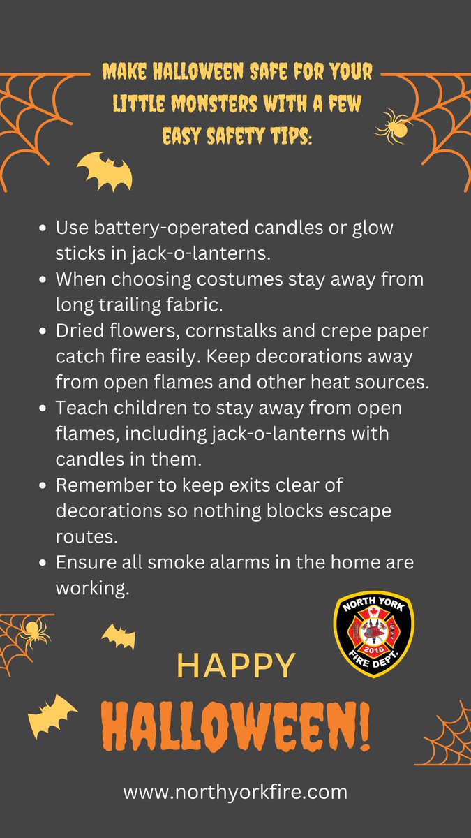 NorthYorkFire's tweet photo. Make trick-or-treating safe for your little monsters with a few easy safety tips:

#Halloween #Halloween2022 #SafetyTips #FireSafety https://t.co/ojRQ0Z7P3e