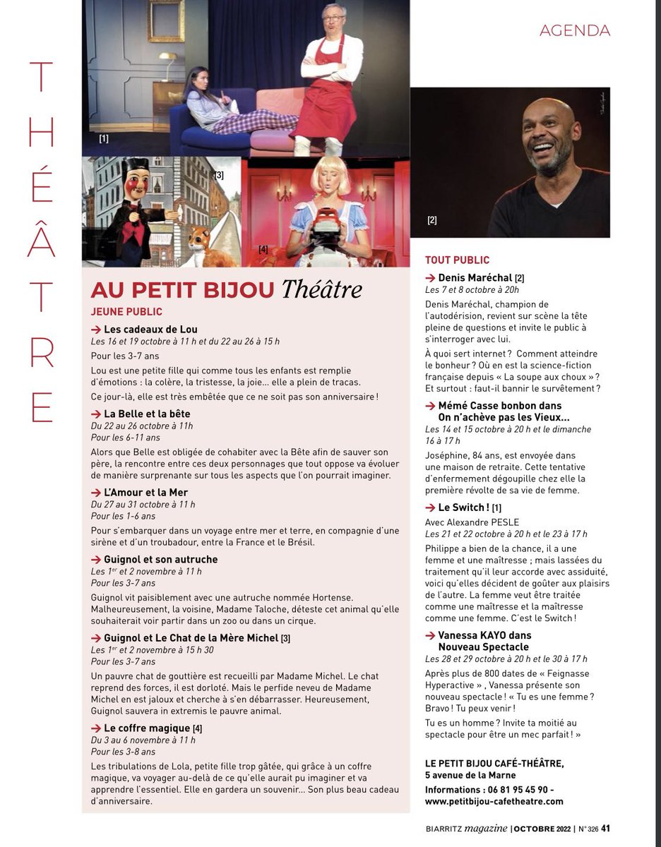 Votre petit Théâtre de Biarritz est dans le BIARRITZ MAG page 41 😋❤️🙏
Merci Biarritz Mag 😜❤️❤️❤️❤️
10 spectacles à l’affiche au mois d’Octobre 🎩
Bisous ❤️❤️❤️