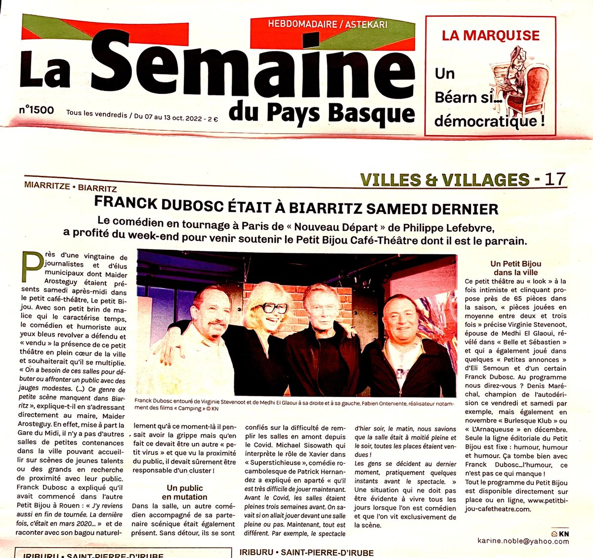 stevenoot_'s tweet photo. Un grand merci à 
LA SEMAINE DU PAYS BASQUE pour son article ❤️🤗
FRANK DUBOSC PARRAIN du Petitbijoutheatre de Biarritz 😀😀
La Semaine du Pays Basque Ville de Biarritz https://t.co/lerT64Z53E