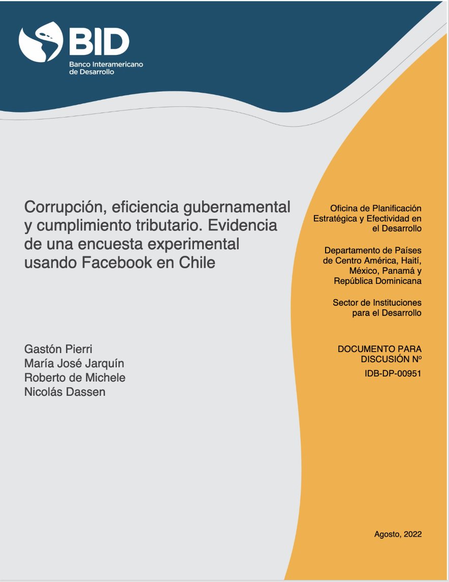 Nuevo estudio <a href="/el_BID/">Banco Interamericano de Desarrollo</a> en #Chile muestra el efecto de la información en #redessociales en el cambio de percepciones de #corrupción e #ineficienciagubernamental, y #cumplimientotributario. <a href="/mariajjarquin/">María José Jarquín</a>, <a href="/rodemichele61/">Roberto de Michele</a> y <a href="/NicolasDassen/">Nicolás Dassen</a>  
 
Paperlink👇:
publications.iadb.org/publications/s…