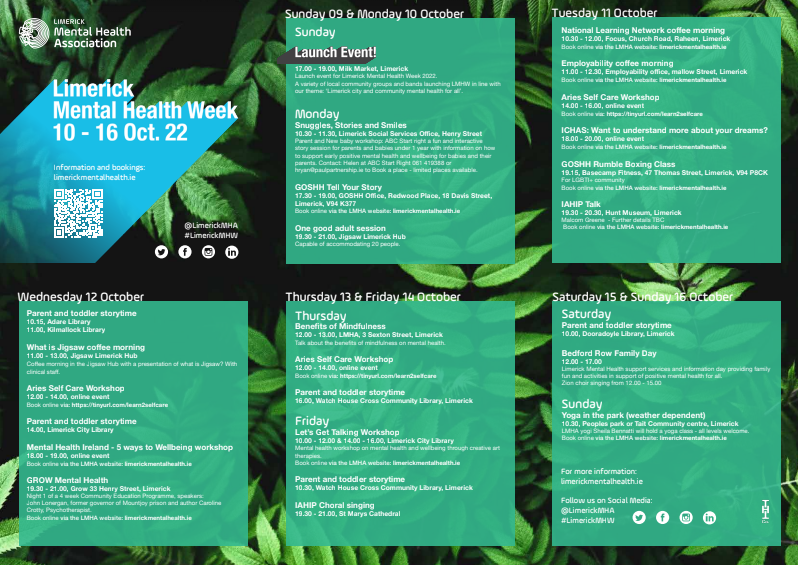 LimerickMHA's tweet photo. Check out our full list of events for Mental Health Week 2022!
We have a wide range of activities from workshops, concerts, parent and toddler story times and coffee mornings throughout Limerick City.
All events are on eventbrite: https://t.co/7EnNX63svf https://t.co/5bU74mFDH3