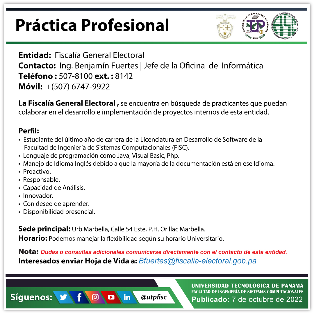 utpfisc's tweet photo. La Fiscalía General Electoral ofrece oportunidad de realizar Práctica profesional a estudiantes de nuestra Facultad.

@utppanama 

#utppanama #utpfisc #FISC22 #FISC #Informática #UTP https://t.co/tt9biYNrX2