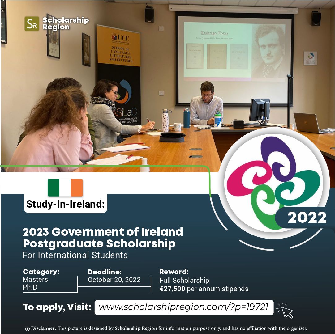 scholarsregion's tweet photo. 2023 Government of Ireland Postgraduate Scholarship For International Students

Host: Ireland

Category: Masters | PhD Scholarships

Eligible: International countries

Reward: Full Scholarship | €27,500 Stipend

Deadline: October 20, 2022

APPLY LINK↙️
https://t.co/MacUaiuyq0 https://t.co/d5NrYlWDfs