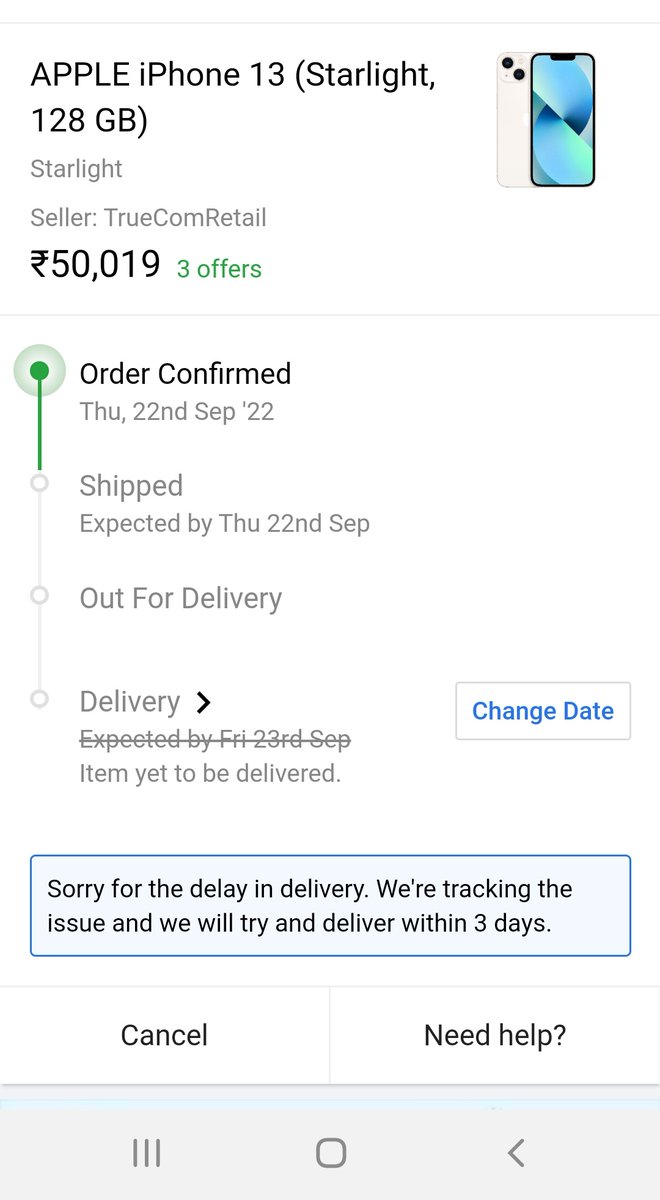 Arif9706's tweet photo. I don't understand why flipkart has not shipped my order yet, I ordered on 22th September. Worst service ever from flipkart even helpline service has not proper answer,Disappointing with flipkart #FlipkartBigBillionDays #Flipkart #flipkartsupport #iPhone13 #truecomretail https://t.co/Ncy0l2yaWr