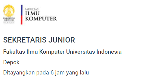 mrlogix's tweet image. [INFO LOWONGAN KERJA]

Fakultas Ilmu Komputer Universitas Indonesia (Fasilkom UI) membuka lowongan karyawan kontrak untuk posisi SEKRETARIS JUNIOR dengan rincian sebagai berikut: jobstreet.co.id/id/job/4059624…

#loker #fasilkomui #universitasindonesia