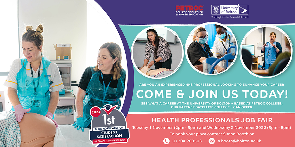 Uni_GreaterMcr's tweet photo. Looking to enhance your career as an experienced #Healthcare professional? 

See what a career at 🎓 #BoltonUni looks like at our latest 🏥 #Nursing Open Event.

📍  Petroc College 👉 EX31 2BQ 
🕰️  1&amp; 2 November 2022

#UniAsItShouldBe #NHSNursing #UKNursing https://t.co/plBxXvYohO