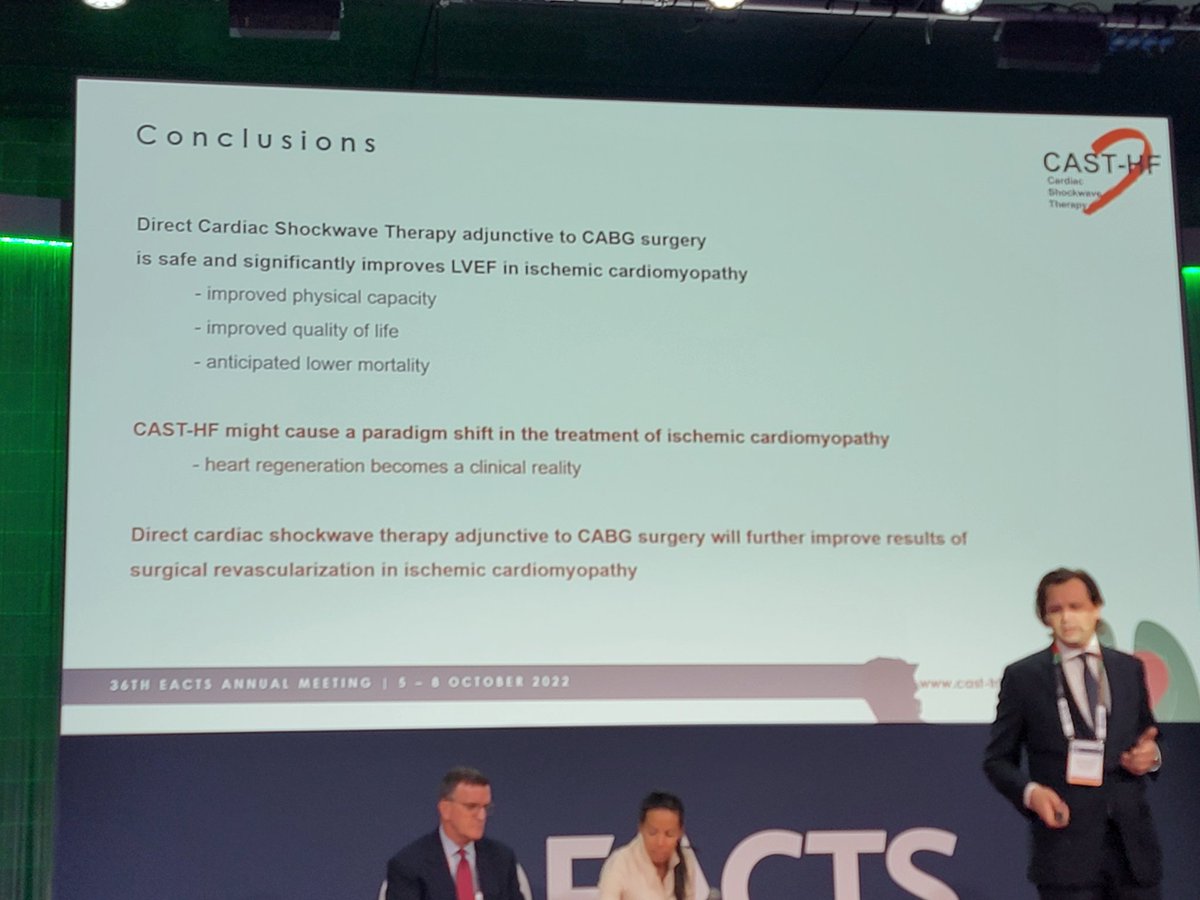 DVervoort94's tweet photo. Dr. Johannes Holfeld presents the results from the CAST-HF trial, using cardiac shockwave therapy in patients with iLVSD:

✅️ Improved 1-year LVEF (due to reverse remodeling?)

✅️ Improved 6-min walking test &amp; QoL

Read protocol: https://t.co/dPKdXBTsFR

#EACTS2022 https://t.co/8ur33kiHKc