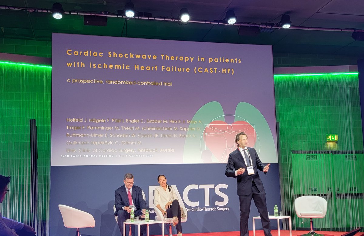 DVervoort94's tweet photo. Dr. Johannes Holfeld presents the results from the CAST-HF trial, using cardiac shockwave therapy in patients with iLVSD:

✅️ Improved 1-year LVEF (due to reverse remodeling?)

✅️ Improved 6-min walking test &amp; QoL

Read protocol: https://t.co/dPKdXBTsFR

#EACTS2022 https://t.co/8ur33kiHKc