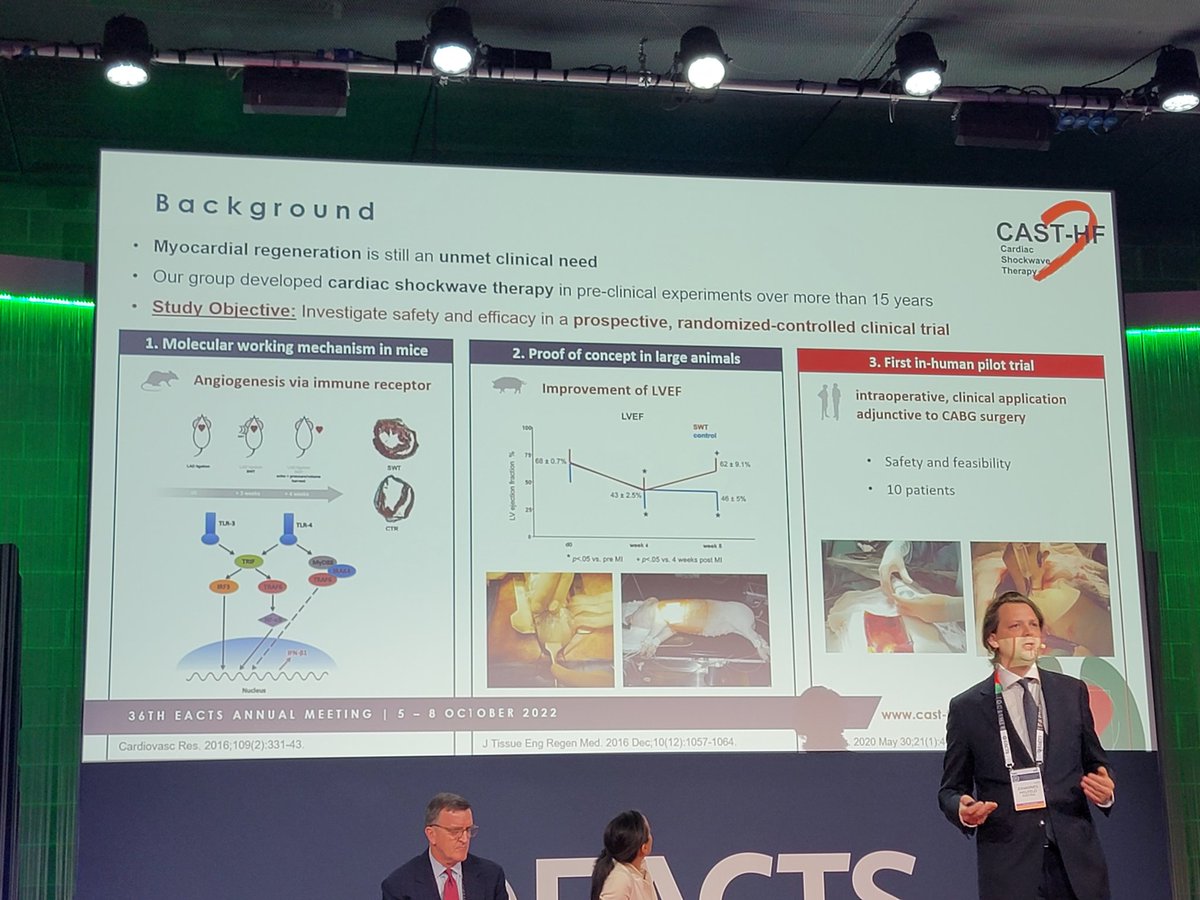 DVervoort94's tweet photo. Dr. Johannes Holfeld presents the results from the CAST-HF trial, using cardiac shockwave therapy in patients with iLVSD:

✅️ Improved 1-year LVEF (due to reverse remodeling?)

✅️ Improved 6-min walking test &amp; QoL

Read protocol: https://t.co/dPKdXBTsFR

#EACTS2022 https://t.co/8ur33kiHKc