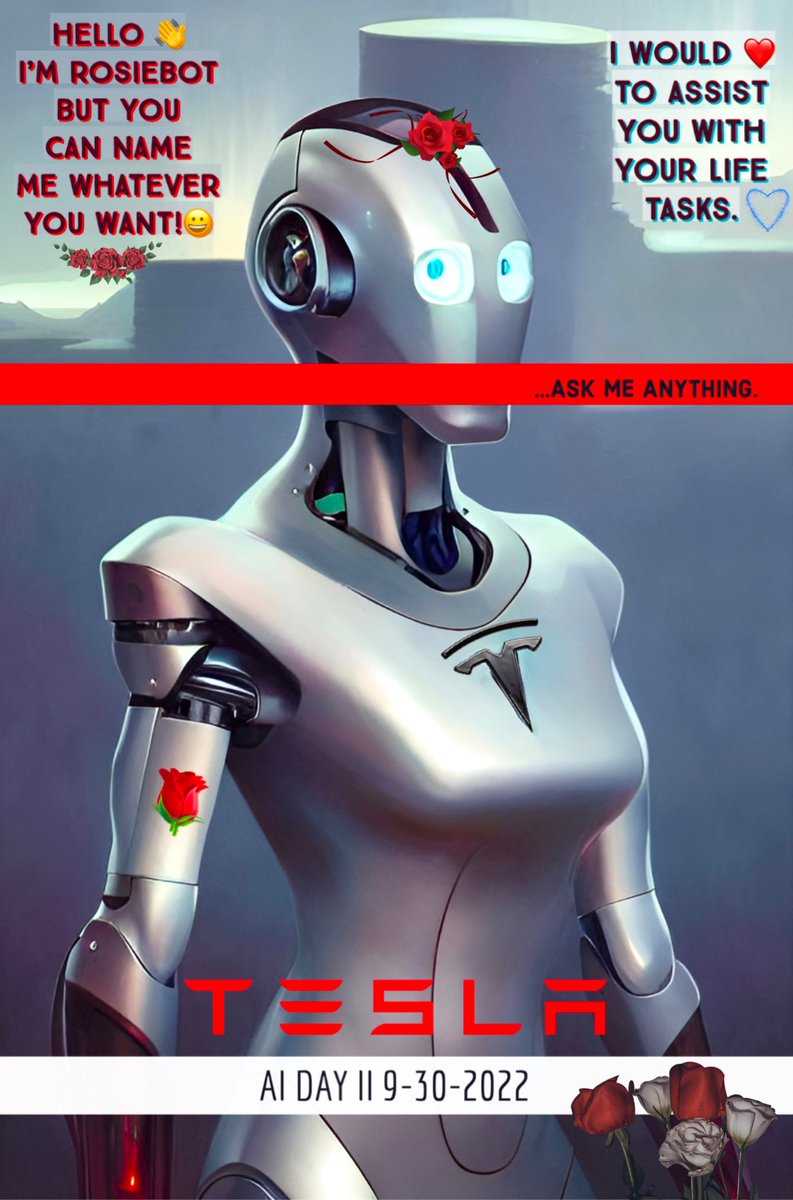 TeslaDarth's tweet photo. @elonmusk @Tesla @tesla #TeslaAIDay2
#Tesla
#RosieBot
#TeslaRosie ๐น๐โค๏ธ https://t.co/4pxUBz5Tht