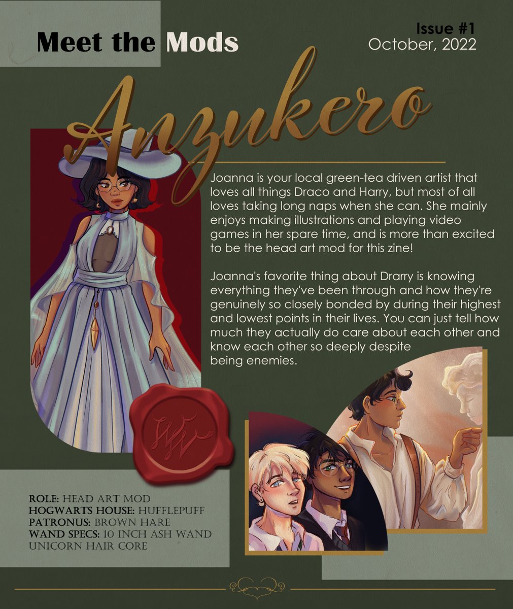 hdwickedwixen's tweet photo. ⚡ Meet the Mods 🐍

The first mod we're going to introduce is Mod Joanna (@anzukero)! She will be your head art mod for this zine, and is extremely excited to work with everyone to make a Drarry zine come to life! https://t.co/KJiVMedMSc
