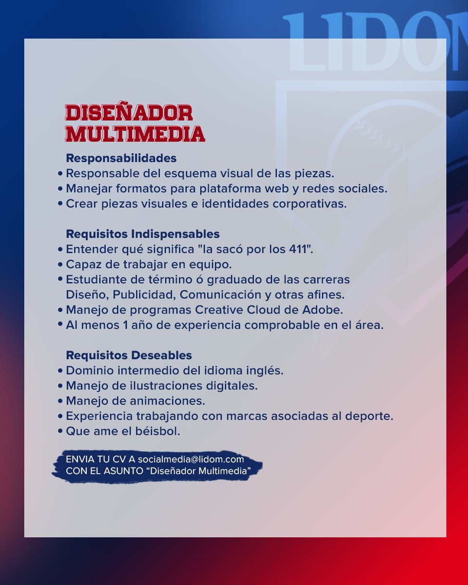 ShantyDisla's tweet photo. En @LIDOMRD vamos creciendo y buscamos dos personas que quieran ser parte de ello (a tiempo completo) 💪⚾️

Si cumples con los requisitos de alguna de estas dos vacantes, escríbenos a socialmedia@lidom.com 📩 https://t.co/H075JkkexN