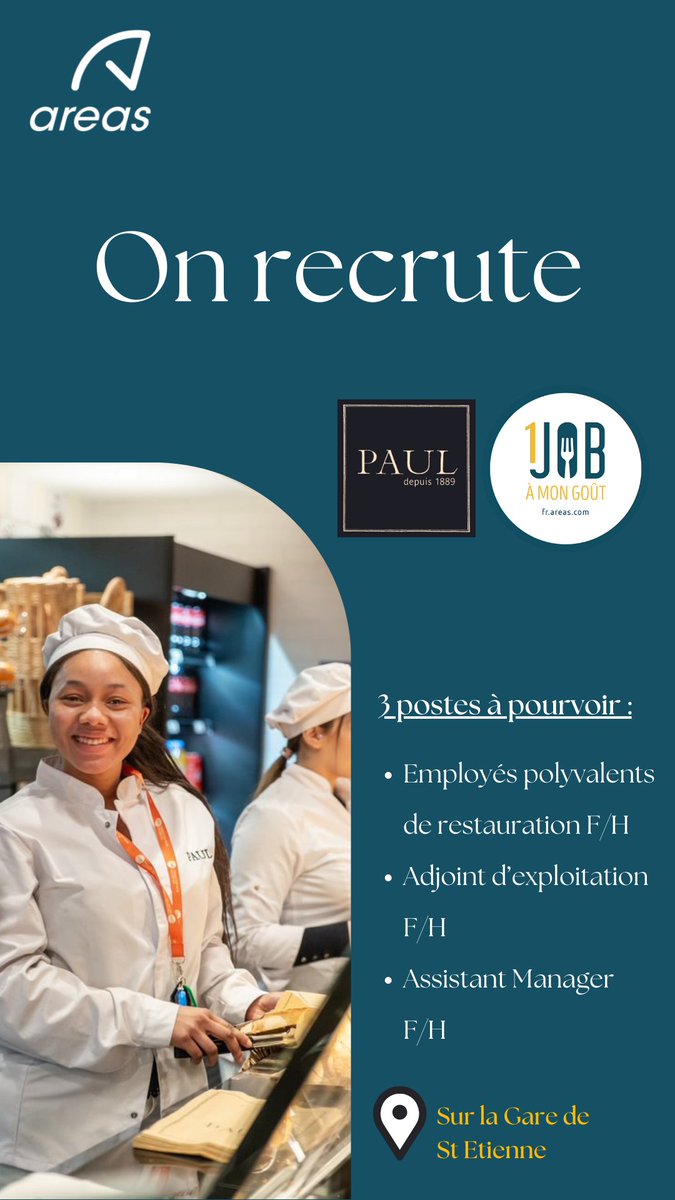 ☕ Vous recherchez un job qui a du goût ? ☕

Les équipes de la Gare de St Etienne recrutent :

👉 Employés polyvalents de restauration F/H
👉 Adjoint d’exploitation F/H
👉 Assistant Manager F/H

Rejoignez la Areas Family sur <a href="/PAUL__France/">PAUL France</a>
ici : ➡️lnkd.in/eSnRkUfp

#Emploi