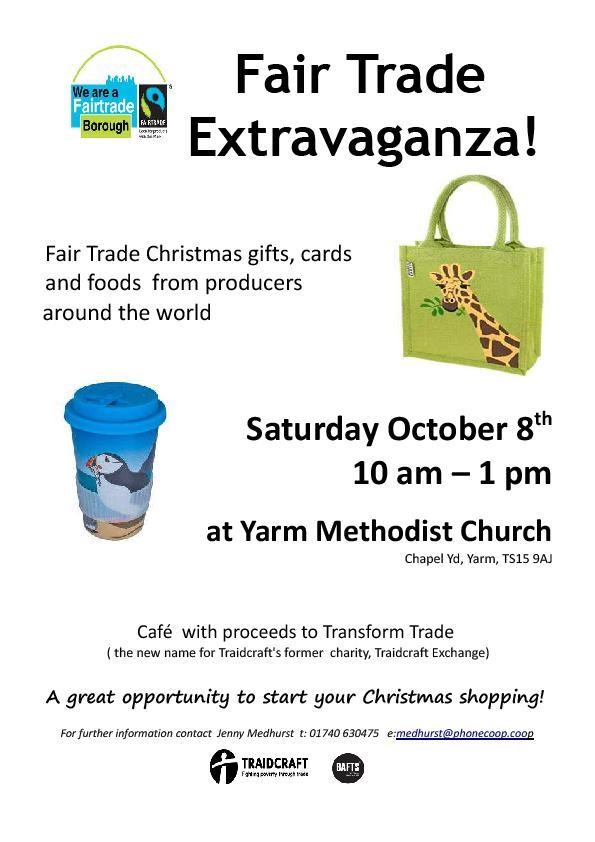 stocktonsuzft's tweet photo. Tomorrow! For the first time after 3 years the Fairtrade Extravaganza is back in Yarm.
Excellent chance to have a good browse, see what there is with foods/crafts/cards/Christmas items even, and start some shopping.
Yarm Methodist Church, Sat 8th October, 10 - 1.
See you? https://t.co/boi2FpNqGD