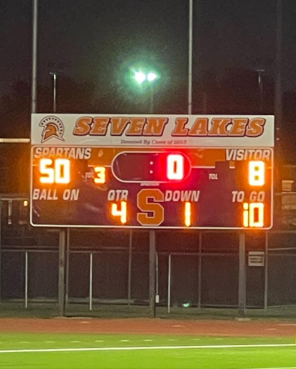 SLHSABC's tweet photo. With JV Blue and Orange putting up almost 100 points last night, we are sending all the juju to Varsity to make Mayde Creek’s heads spin and see DOUBLE!! 🏈🧡💙🧡💙#sevenlakes #spartans #letsgolakes https://t.co/QrVYv9ZgOv