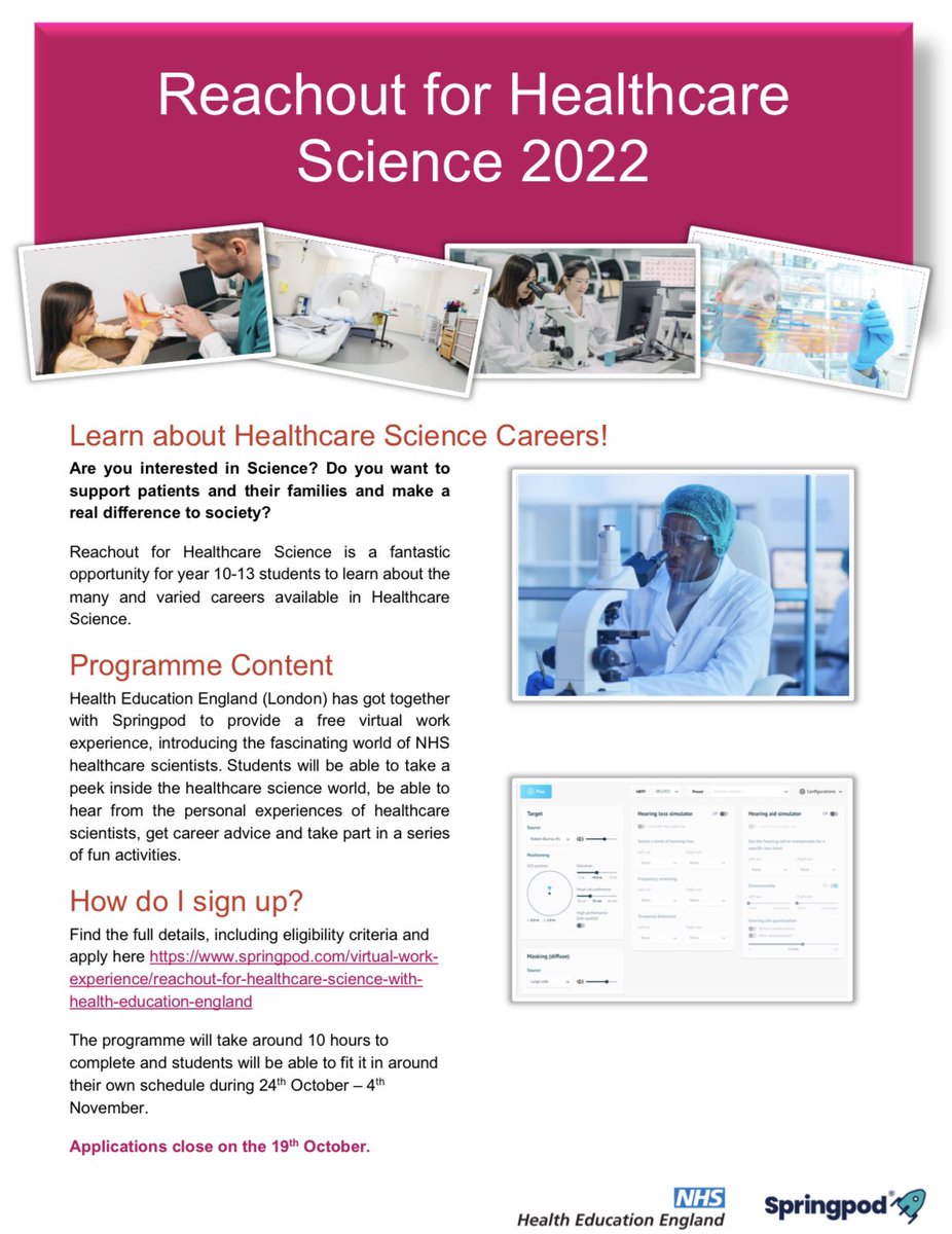 If you know anyone in years 10-13 (age 15-18) interested in a career in Healthcare Science.. check this out 👇  Virtual work experience available between Oct 24 - Nov 4 🧬💉🫀🫁🧠 <a href="/EoE_HCS_Network/">East of England Healthcare Science Network</a> @NHS_HealthEdEng