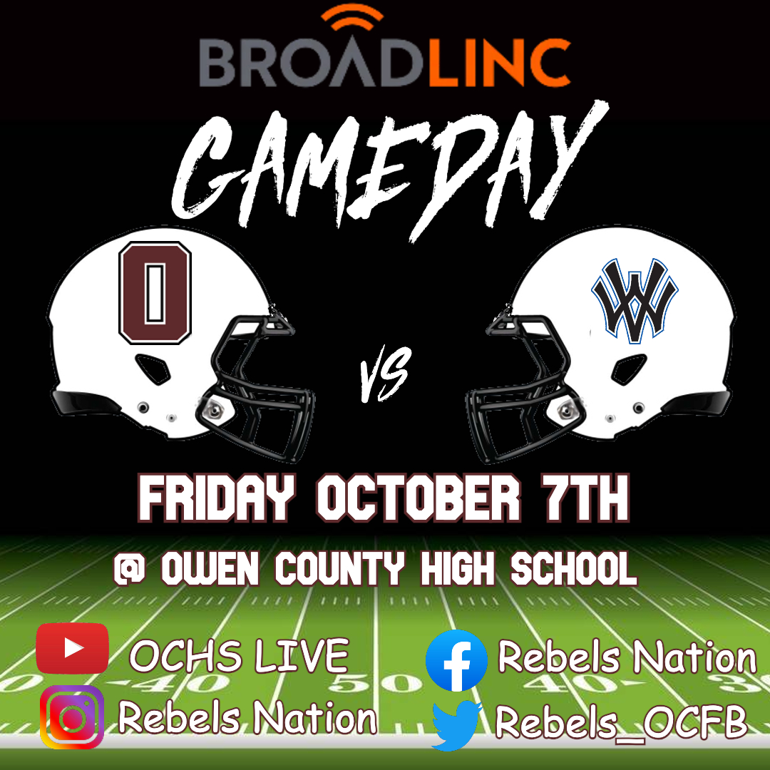 🏈 <a href="/getbroadlinc/">Broadlinc</a> REBELS GAMEDAY 🏈 

<a href="/Rebels_OCFB/">Rebels Football</a> Vs <a href="/WVBearcats/">Walton-Verona Athletics</a>

📍<a href="/OwenSchools/">Owen County Schools</a>

🎥 youtube.com/watch?v=SaVWGy…

⏰ Kickoff - 7:30 PM

 #WEareOC # #RepTheO #OCFB