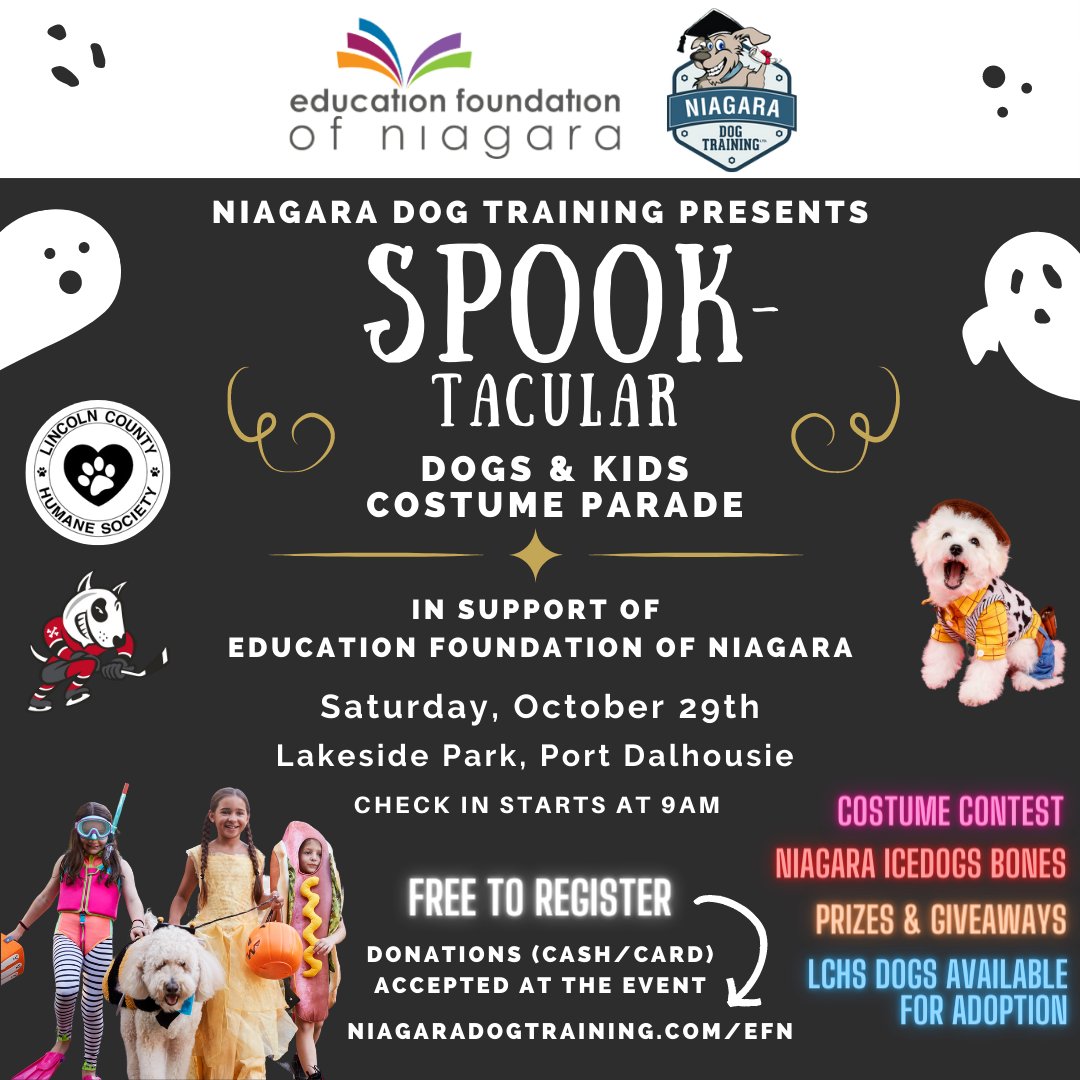 efnniagara's tweet photo. Registration is LIVE for our #Halloween Dogs &amp; Kids Fundraising Parade in #StCath, sponsored by @NiagaraDogTrain! Registration is free &amp; we'll be onsite accepting donations for our @dsbn Student Financial Need Program! Hope to see you there, #Niagara: https://t.co/pMB41zMpZ5 https://t.co/rJHH0kVKaK