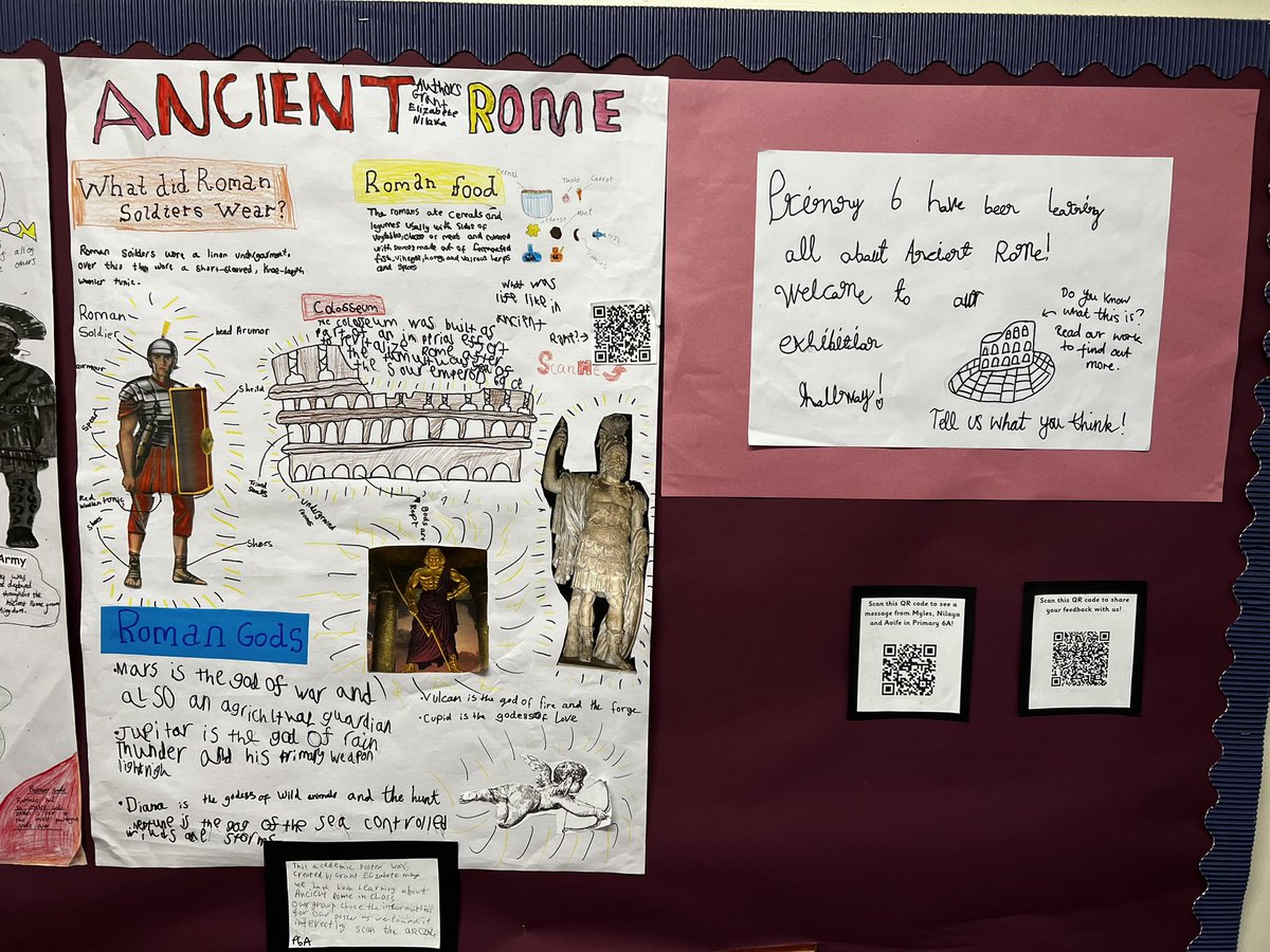 KylePentland's tweet photo. P6 have loved showcasing their learning and displaying their work in our ‘hallway exhibition’! Fantastic work! QR codes to explain the exhibition and receive feedback from anyone who visits the school! Very proud 💛💙 #awesomeogilvies https://t.co/zgatypCaQ0