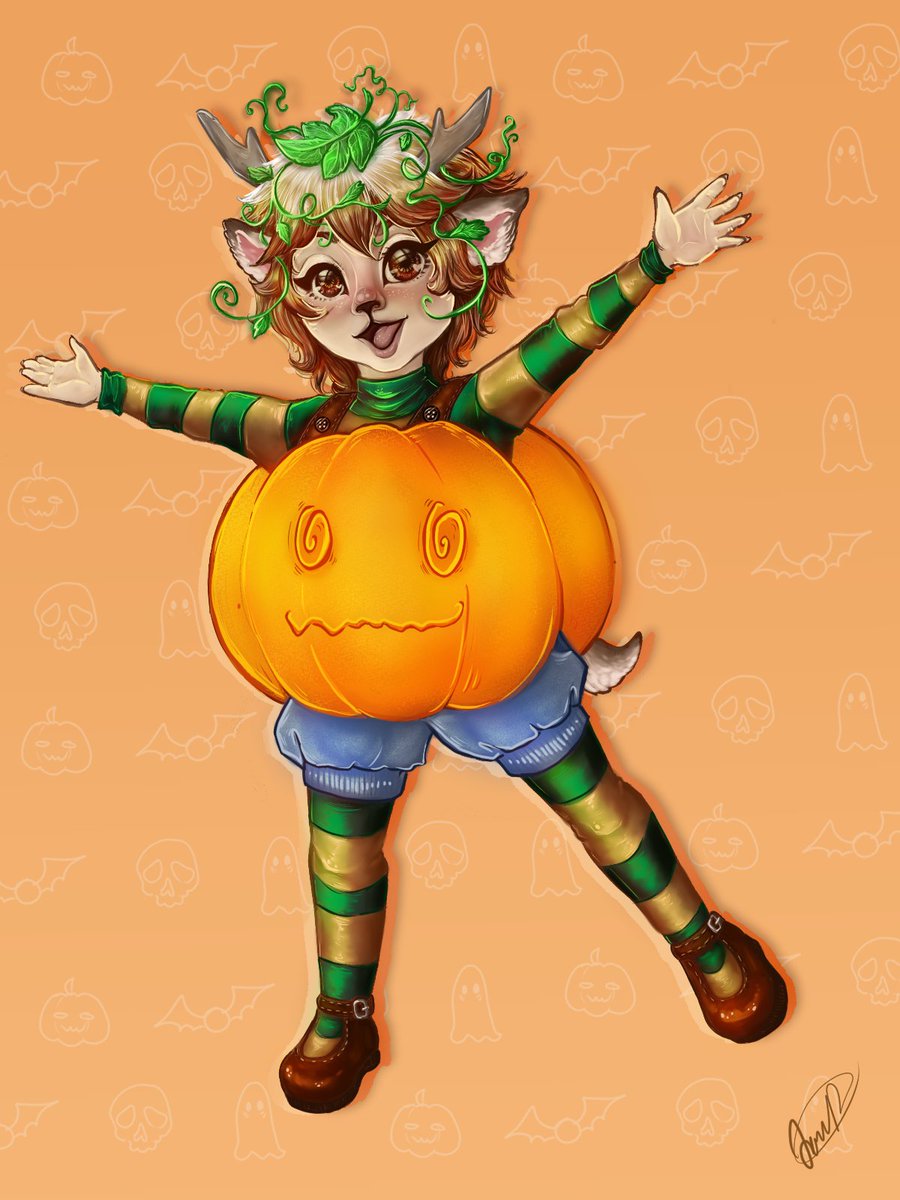 LaurelDrop's tweet photo. It's baby Haze, giving you sugar, pumpkin spice, and everything nice #oc #Halloween2022 #CLIPSTUDIO #pumpkins https://t.co/YKfBytvROv