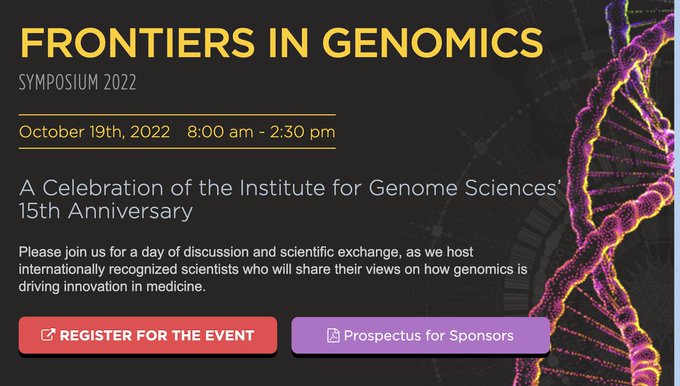 Join us on Oct. 19 for the 15th Anniversary Celebration of our <a href="/UMmedschool/">University of Maryland School of Medicine</a> Institute for Genome Sciences! Keynotes by <a href="/genome_gov/">National Human Genome Research Institute</a>'s Charles Rotimi &amp; 
<a href="/NIAIDNews/">NIAID News</a> <a href="/BelkaidLab/">Belkaid Lab</a> Yasmine Belkaid.

All welcome! Free. Register: bit.ly/IGSFIG

#Genomics  #microbiome