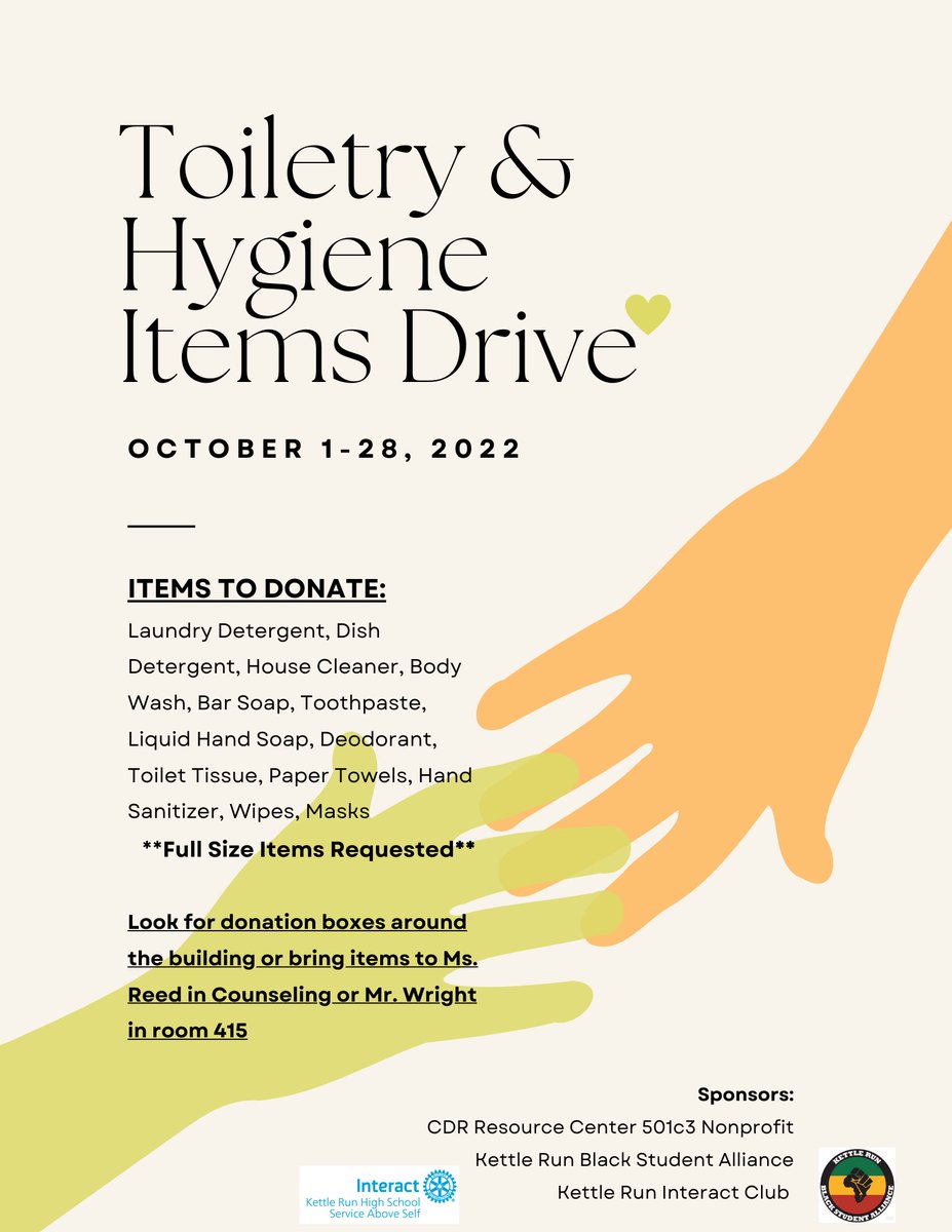 Please join <a href="/KrhsBSA/">KR Black Student Alliance</a> &amp; <a href="/KRHSInteract/">Kettle Run High School Interact Club</a> collect new toiletry &amp; hygiene items for our community 🫧🧼🧻

Parents &amp; community members if you’d like to donate please bring your items to the main office. Students bring your items to your 1st block for a chance to earn a donut party 🍩