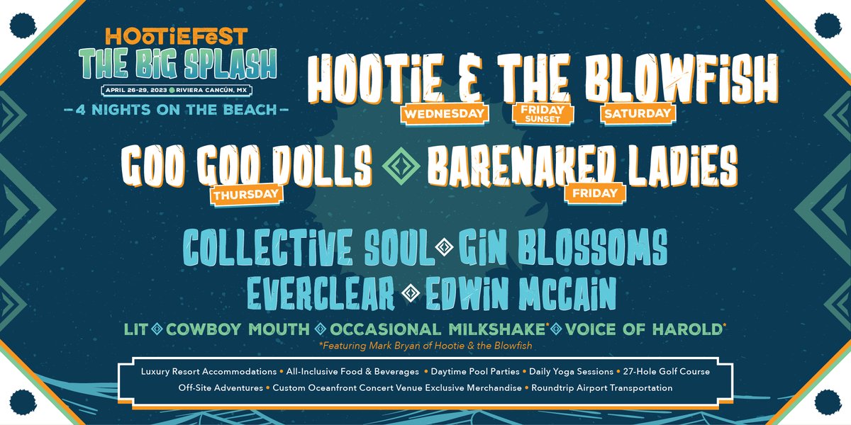 New dates, new lineup & new pricing. Join @HootieTweets in Mexico this Spring, for the ultimate vacation with @googoodolls, @barenakedladies and more! 🇲🇽🏖️ All-inclusive packages available on 10/13 at 1PM ET: hootiefest.com/packages Current purchasers: check your emails!