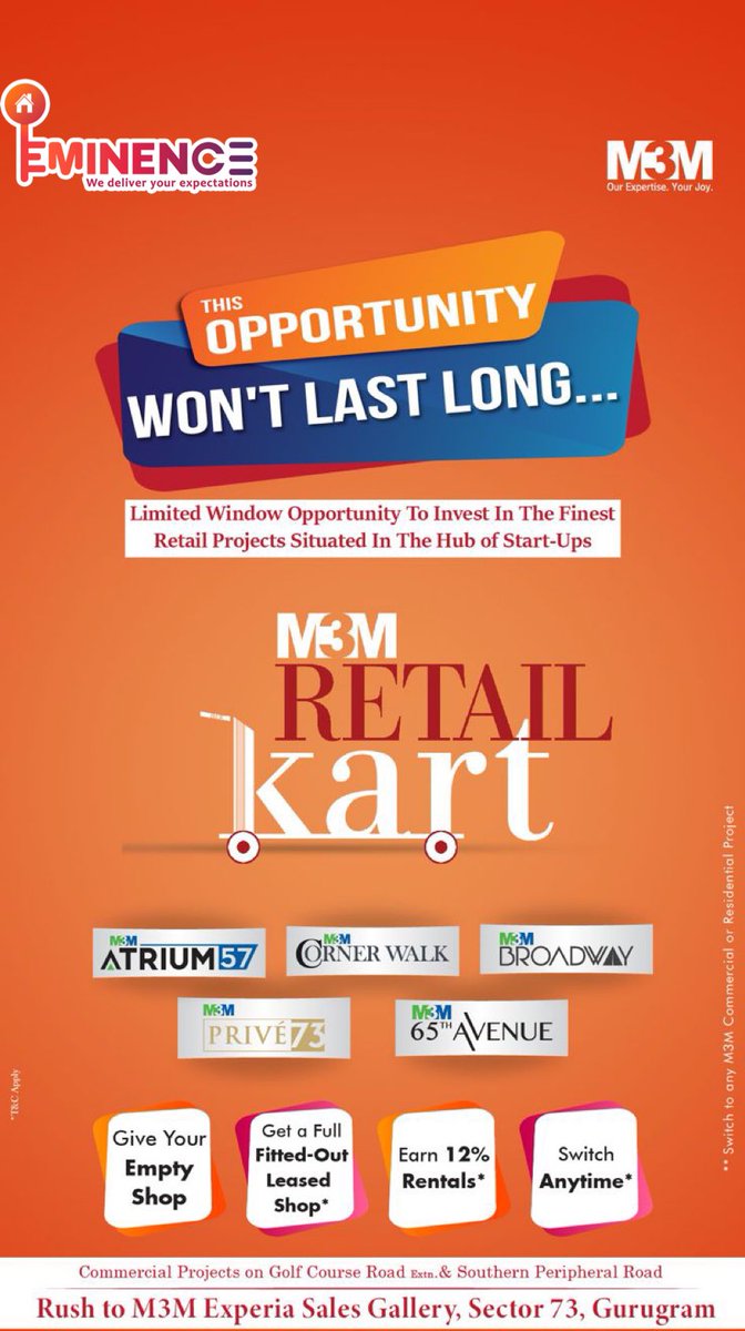 EminenceInfra5's tweet photo. ‼️M3M Retail Kart‼️

Limited Window #opportunity to Invest in the finest Retail #Projects situated in the hub of Start-ups✨

#twitter #realestate #realtor https://t.co/HCPIkkJXPf