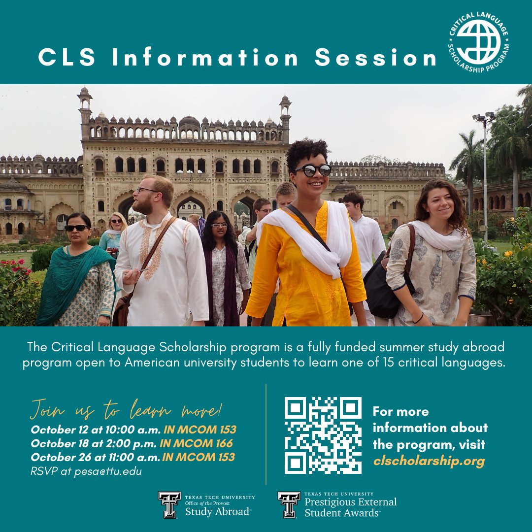 TTUPESA's tweet photo. Want to learn about a fully funded study abroad opportunity? Come to one of our Critical Language Scholarship Information Sessions that are happening THIS month! RSVP at pesa@ttu.edu. https://t.co/UKoX0lu99y