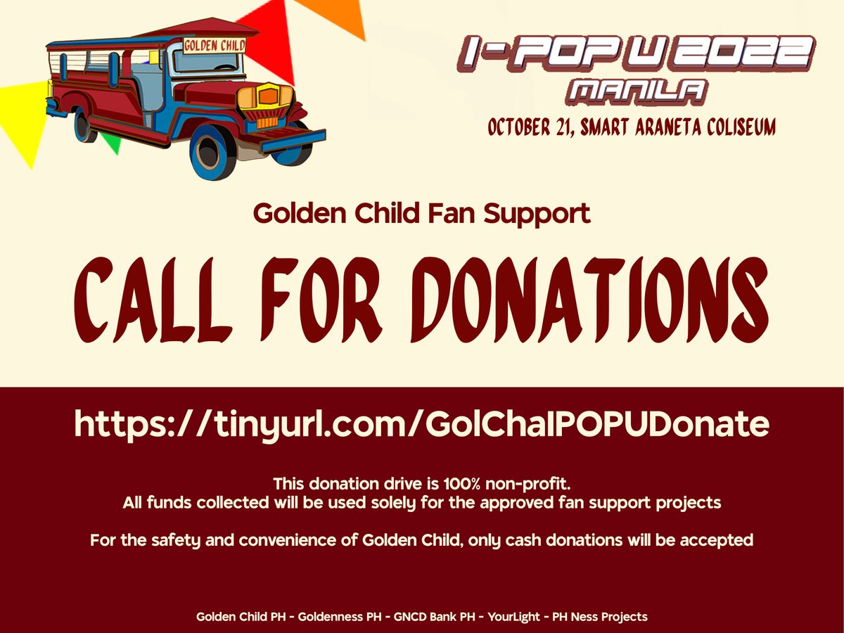 GNCD_BankPH's tweet photo. Mabuhay, Goldenness! Let us make @GoldenChild's first event in the Philippines extra festive &amp; special by taking part in the fan support donation drive✨

Donation drive link &amp; more deets:
https://t.co/sAKyfrb1BO

This is 100% non-profit! Any amount will be accepted. 
#IPOPUMNL22 https://t.co/OrfOIuRoFB