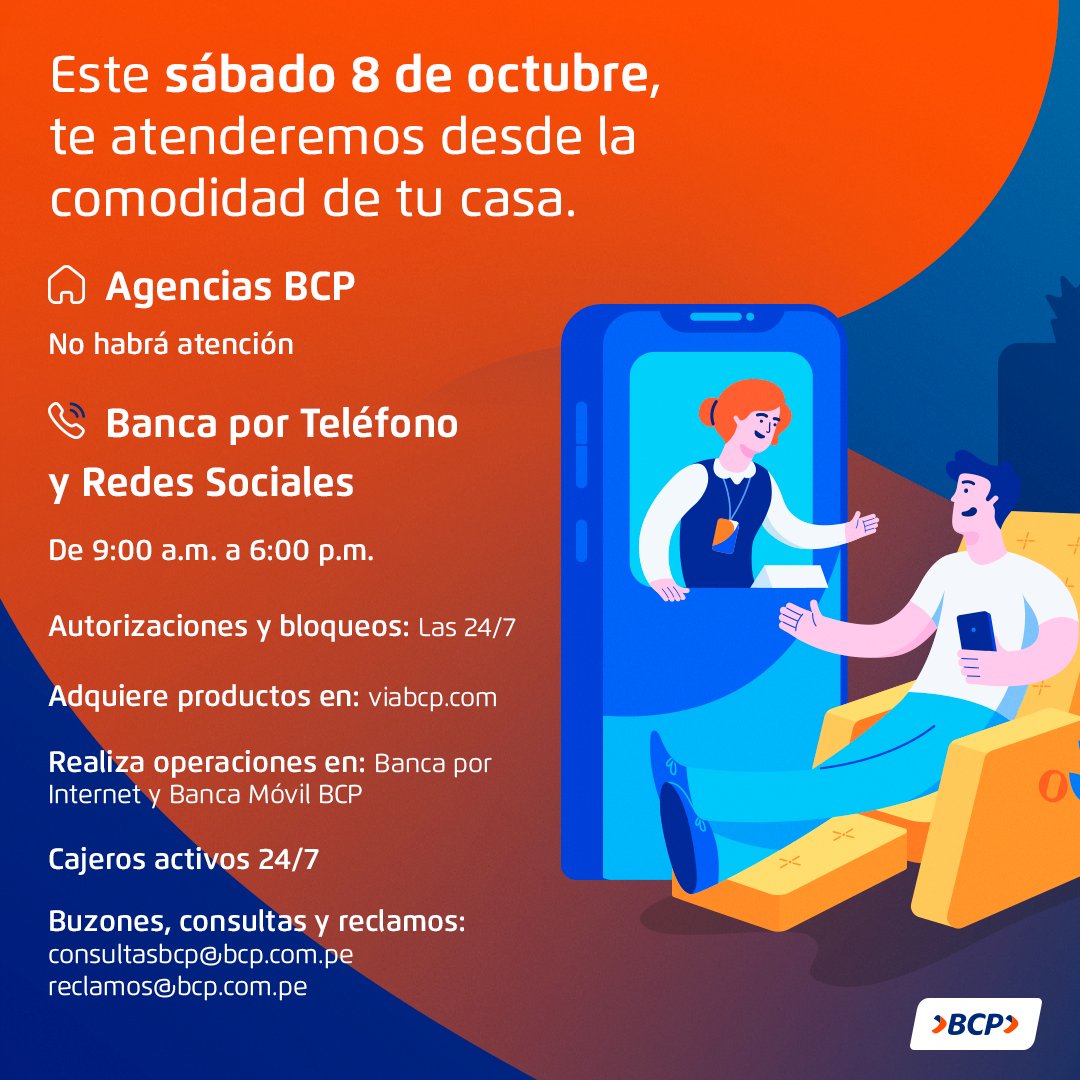 Mañana, sábado 8 de octubre, por ser declarado feriado 🗓️, todas nuestras agencias a nivel nacional 🏬 no atenderán 📣. No olvides que puedes realizar tus consultas y operaciones, usando nuestros canales digitales 📞💻📱.