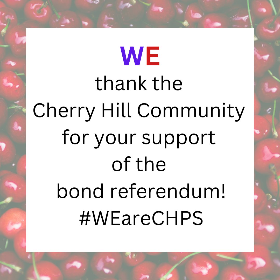 WE thank the Cherry Hill community for your support of the CHPS Bond Referendum! Preliminary numbers reflect 8,831 "yes" votes and 4,011 "no" votes.  Work begins this summer, 2023! Stay tuned for progress updates! 💜❤️ #WEareCHPS