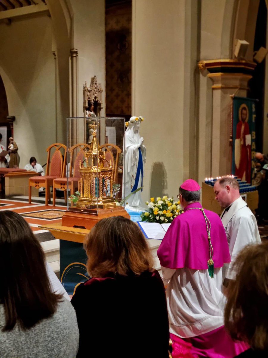 BishopPMcKinney's tweet photo. We pray before & say farewell to the relics of St Bernadette in St Barnabas Cathedral, Nottingham, at the end of Mass on the Memorial of the Holy Rosary. How appropriate! #calledtoholiness #rosary #relictour https://t.co/L3wUsm28vW