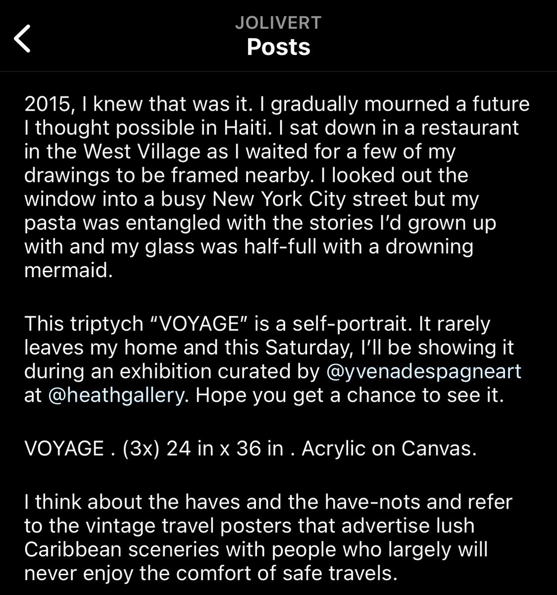 NJolivert's tweet photo. My VOYAGE triptych [(3x) 24 in x 36 in. acrylic on canvas] will be on view in Harlem at The Heath Gallery for an exhibition of artists of Haitian origins titled “Since We’re Here”. Opening Reception this Saturday at 6PM. https://t.co/ZLOALF2S61