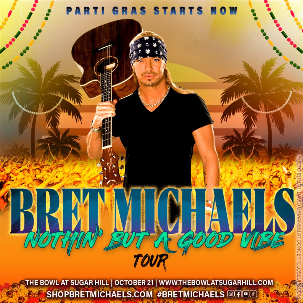bretmichaels's tweet photo. #SugarHill, #Georgia are you ready? #BretMichaels brings his #NothinButAGoodVibe tour for an awesome #PartiGras to #TheBowlAtSugarHill on Fri. 10/21. You never know who will join Bret onstage…get your tickets before they are gone >>> https://t.co/6jhswdolbD. - Team Bret #NBAGV https://t.co/OO8uak2FrV