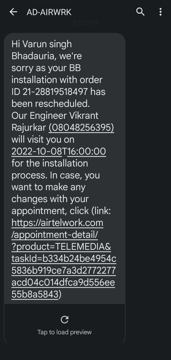 VarunSinghB1's tweet photo. @Airtel_Presence Worst Part @airtelindia @Airtel_Presence has the audacity to keep changing the date for installation.

It was a mistake choosing Airtel over the competitors. Very poor customer service. https://t.co/VpJq6xAgjZ