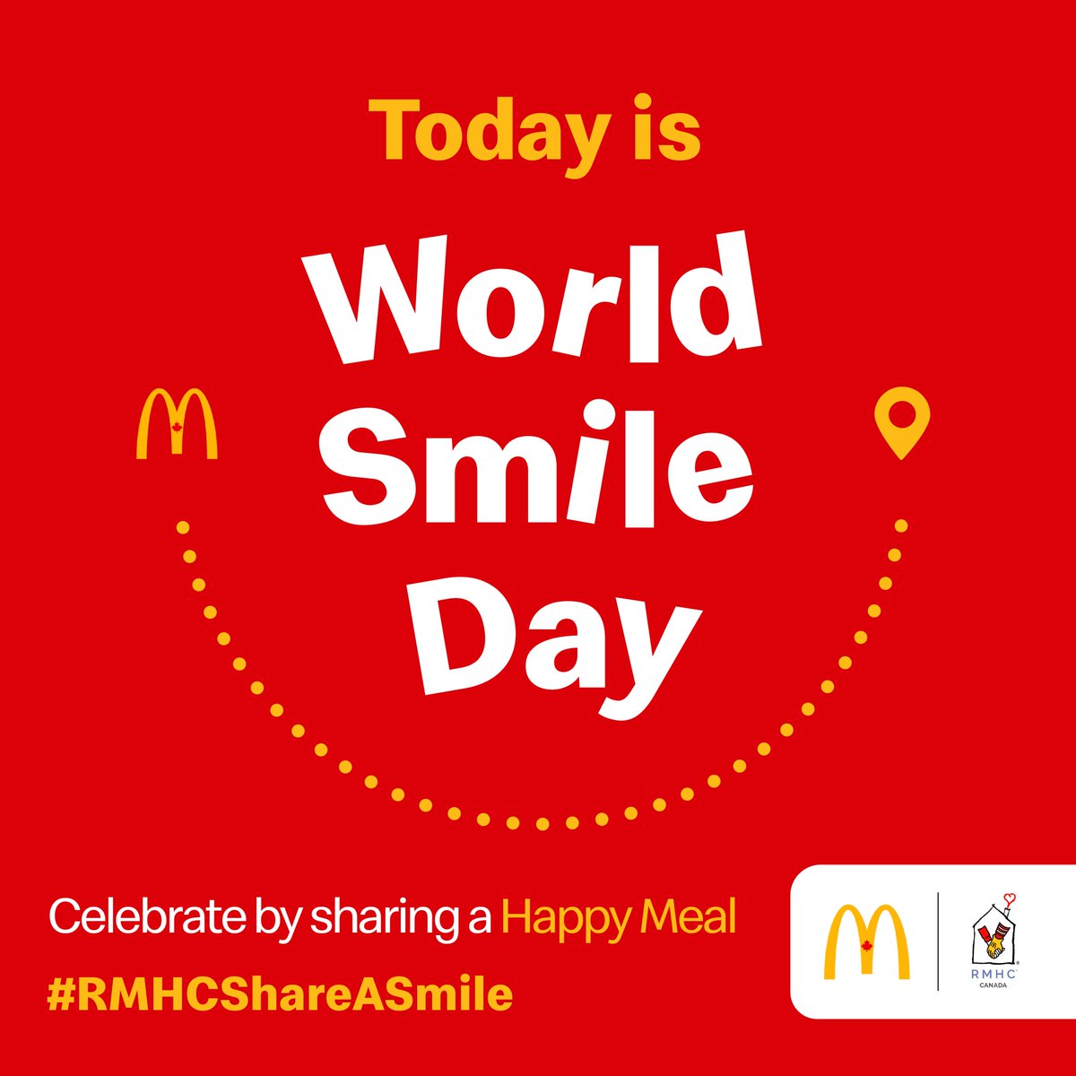 Today is World Smile Day, making it the perfect day to put a smile on someone's face by ordering a Happy Meal from @McDonaldsCanada ! Every order supports families staying at RMHC Chapters across the country. #RMHCShareASmile #KeepingFamiliesClose @rmhccanada 🙂💛❤️💙🍟