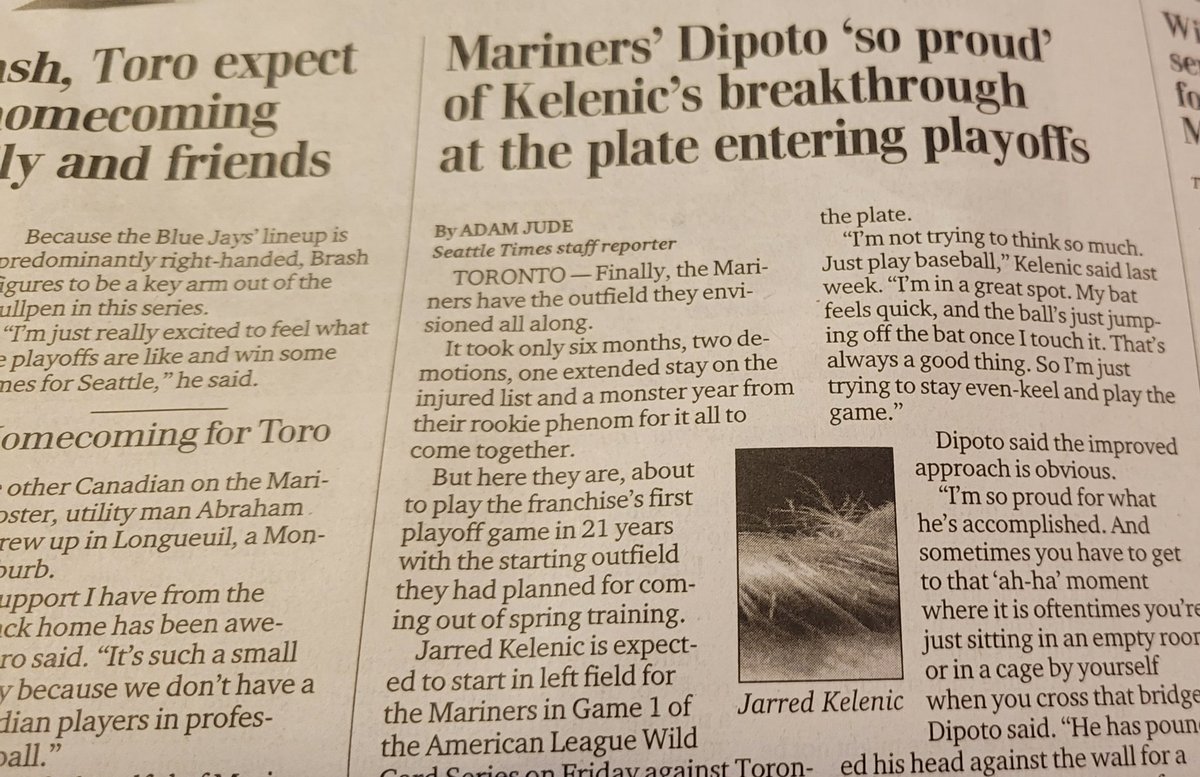 Extreme close-up of #kelenic in today's news. #GoMariners #seausrise