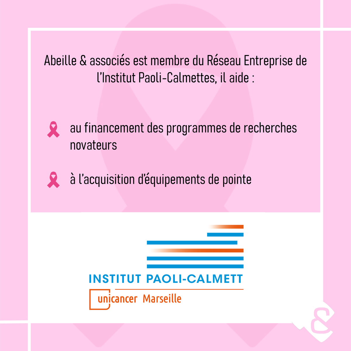 ABEILLEAVOCATS's tweet photo. 🔴 Pour l'octobre rose tous unis contre le cancer du sein.

🎗️ Abeille &amp; Associés est membre du Réseau Entreprise de l'Institut Paoli-Calmettes pour aider la recherche contre le cancer.

#octobre #octobrerose #cancerdusein https://t.co/XCyuK4FDcp