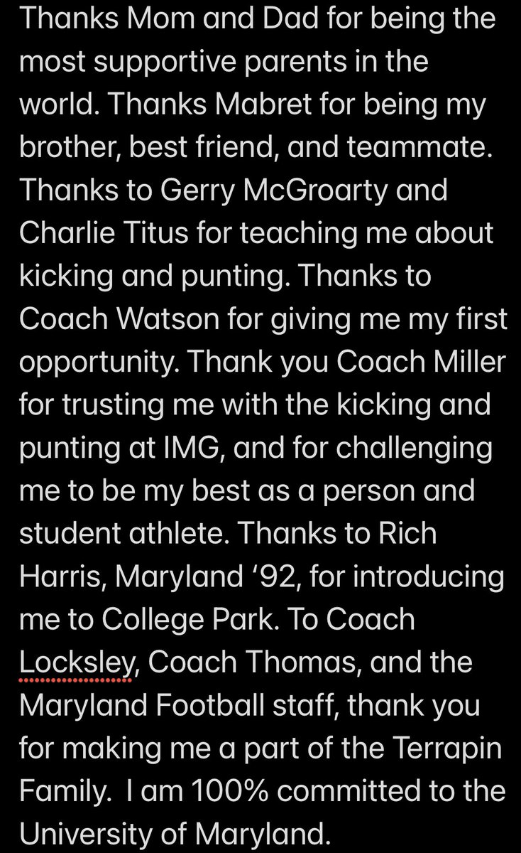 100% COMMITTED‼️ #big10 #terps @TerpsFootball @coachjthomas11 @CoachLocks @_thebillymiller @IMGAFootball @Kix64 @njpuntingcoach @Chris_Sailer