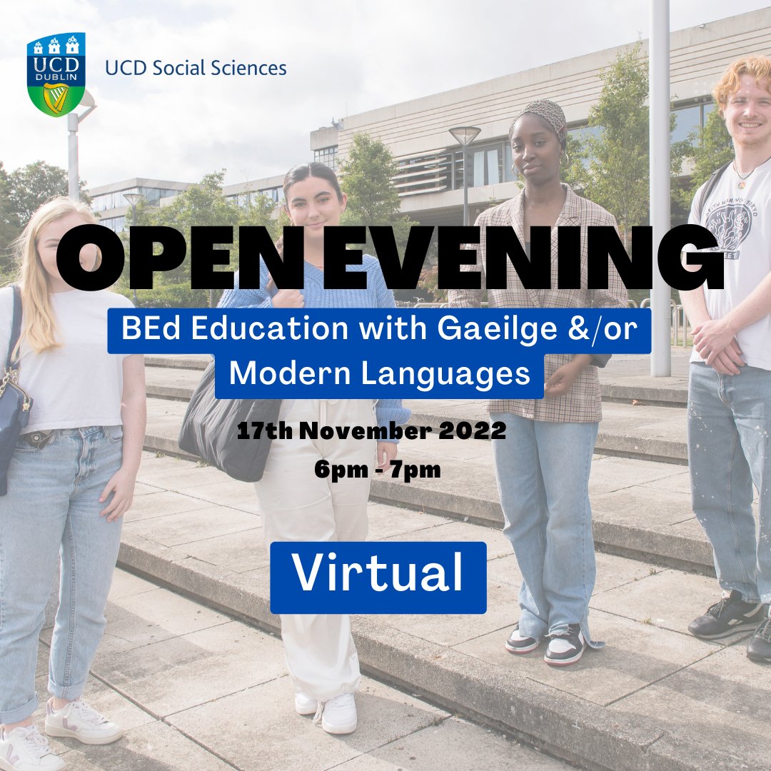 ucdsocscilaw's tweet photo. 👩🏫 Interested in a career in teaching?
Join our Open Evening on 17th November, 6pm to find out about DN760, our @Teachingcouncil accredited course for secondary school teaching
🖱Sign up here ⬇️⬇️
https://t.co/g50pmRYVBi
#gaeilge #studyatUCD #collegeopenday #education #edchat https://t.co/xgQzWKDjcc