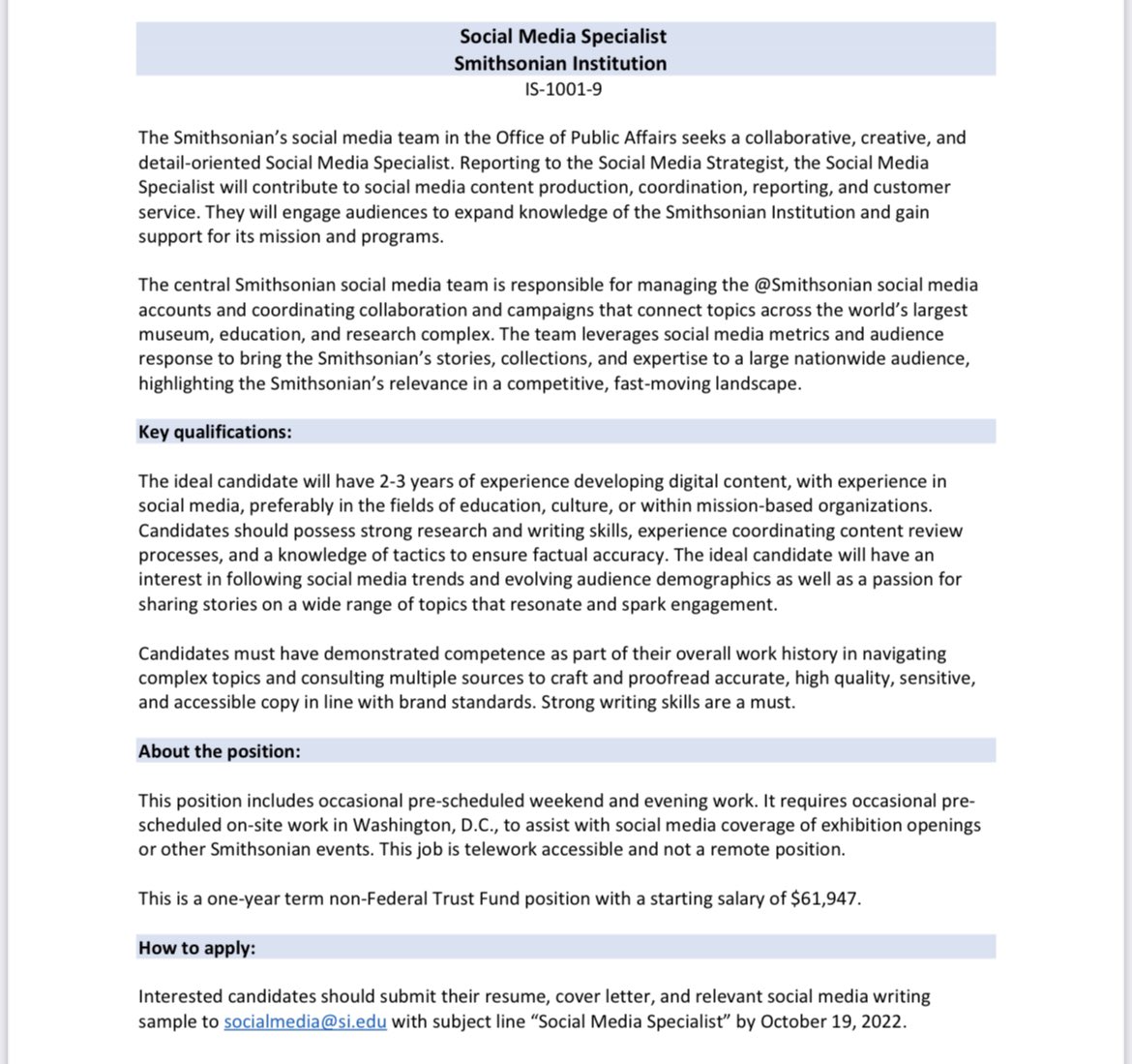Cool job alert! Social media specialist, @smithsonian (1 year term) $61,947 #musesocial #musetech