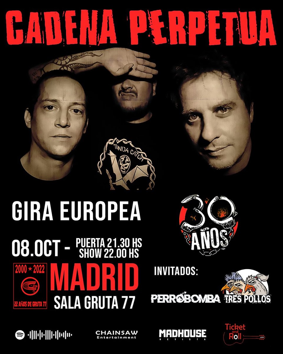 gruta77madrid's tweet photo. Mañana es el día de @Cadenaoficial; desde Argentina con #punkrock. Para ir haciendo callo en el escenario @Tres_Pollos y #PerroBomba.
Si vas a venir, no lo dejes para última hora y, dale al clic en https://t.co/DYnUumGBq2 https://t.co/5n2ekUzcdn